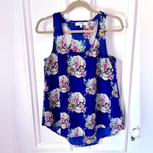 Umgee Women’s Tank Top Skull Flowers Rockabilly Blue Racerback Flowy Small